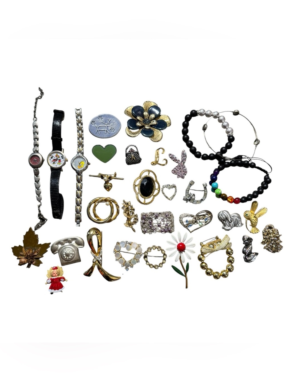 Vintage Costume Jewelry Lot‎ Brooches Watches Disney Mickey Tweety Bird